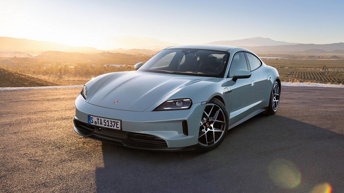 Porsche Taycan 4S Plus (2024-…) вид спереди, спереди сбоку, по диагонали, экстерьер