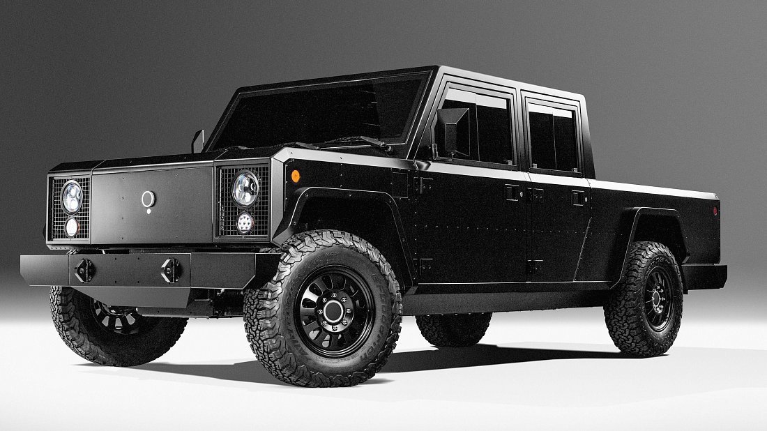 Bollinger Motors B2 120 kWh вид спереди, спереди сбоку, по диагонали, экстерьер